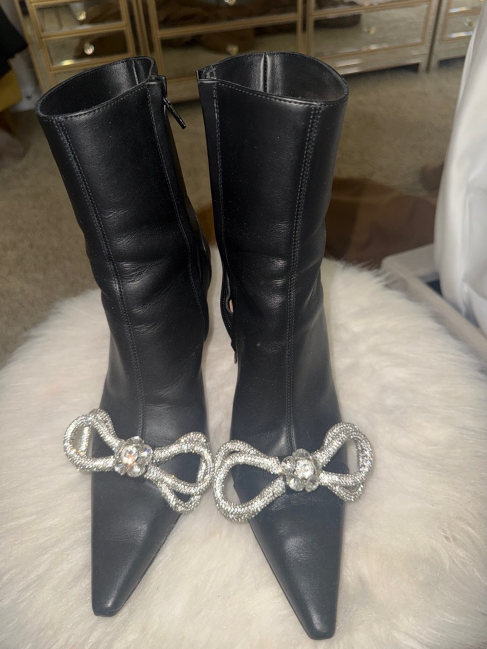 MACH & MACH Black Pointed Toe Ankle Boots with Crystal Bow Accents
